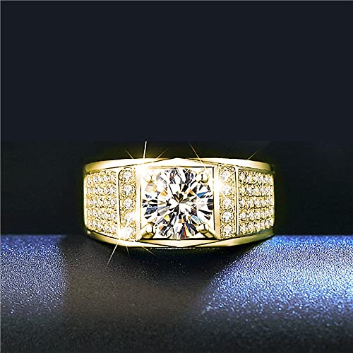 Luxury bright shiny men's ring fashion set diamond domineering fashion wedding men's ring simulation S925 sterling silver square cut 5A zircon engagement wedding ring CZC426 (Yellow gold)