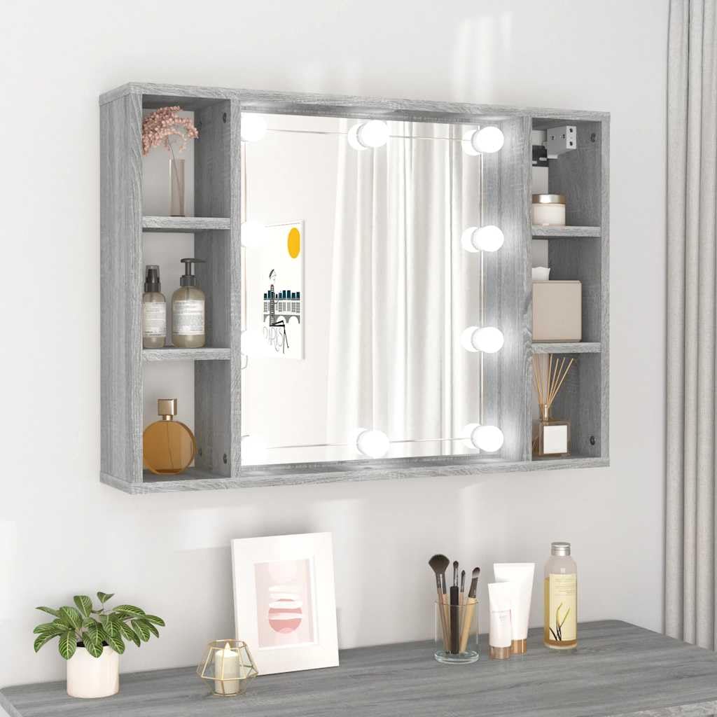 Szafka z lustrem LED Sonoma szara, 76 x 15 x 55 cm, do łazienki i sypialni, z dużą ilością miejsca do przechowywania, montaż ścienny, trwały materiał drewnopochodny, oświetlenie USB