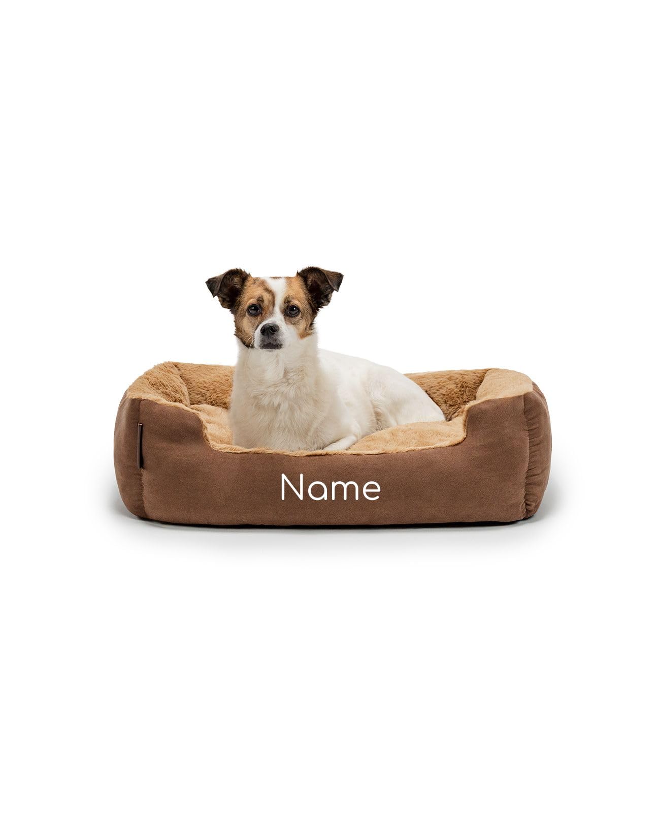 lionto Cama para Perros con cojín Reversible y Base Antideslizante, cojín para Mascotas con Entrada Baja para Perros y Gatos, 60x48 cm, cojín para Perros Acogedor, marrón/Beige (con Nombre Impreso)