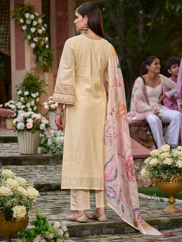 Image of INDO ERA Women's Off White Silk Blend Embroidered Straight Kurta Pant And Dupatta Set (IEOUT6962)