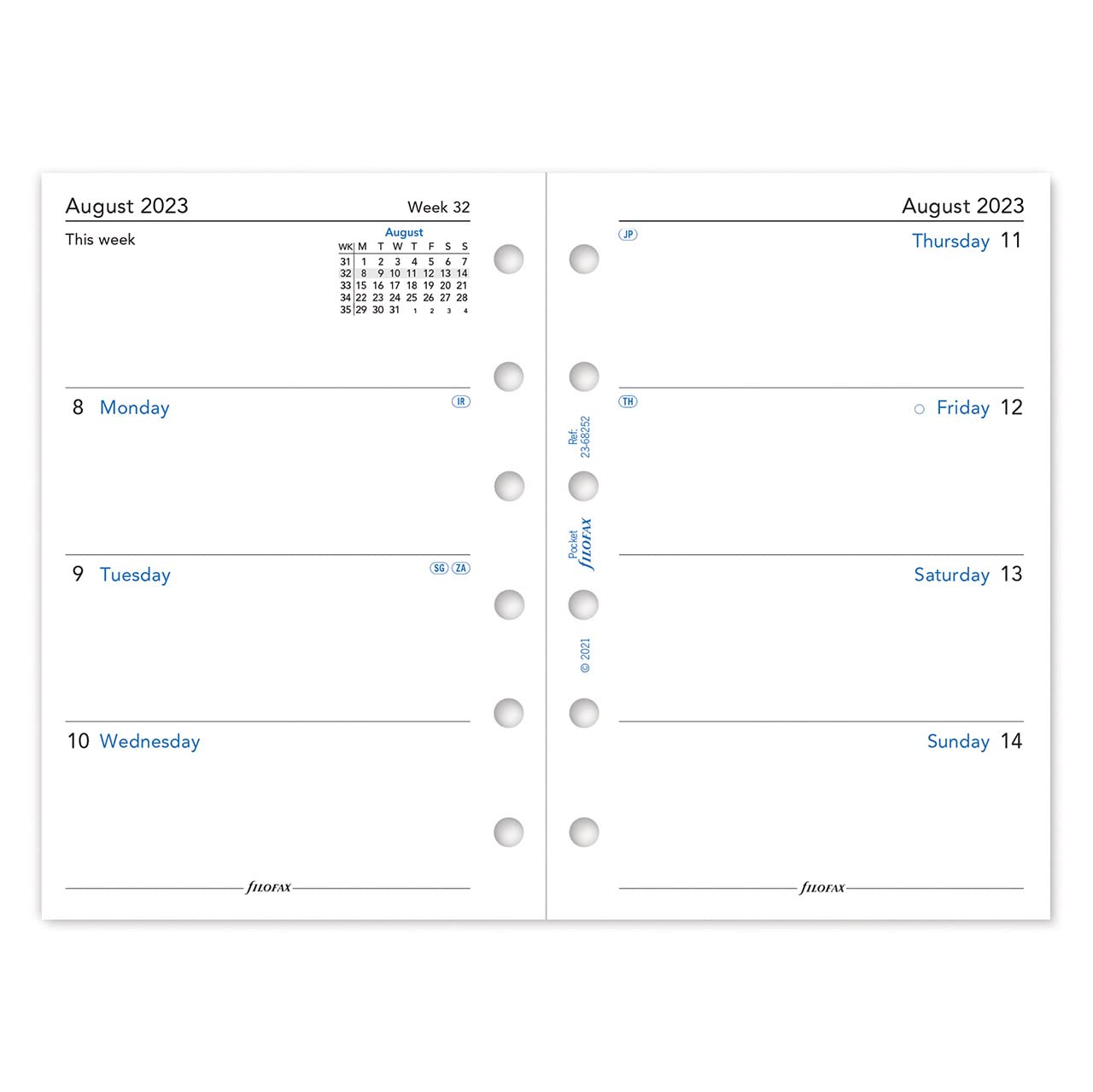 Filofax Pocket week on two pages mid year diary August 22 - July 23, White