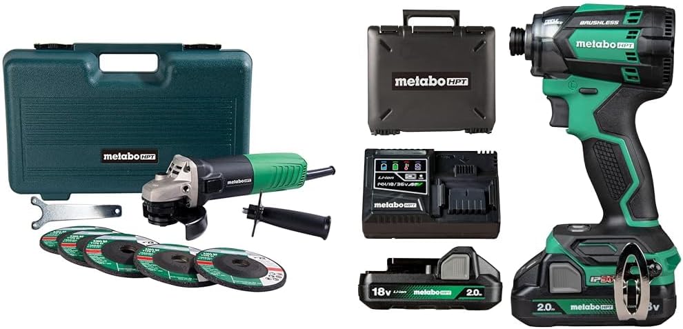 Bundle of Metabo HPT Angle Grinder 4-1/2-Inch G12SR4 + Metabo HPT 18V MultiVolt Cordless Triple Hammer BOLT Impact Driver Kit WH18DC