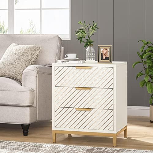 Tribesigns 3Drawer Nightstand Tall White and Gold Bedside