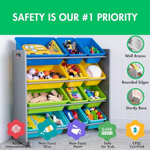 image for Humble Crew Kids Toy Storage Organizer with 12 Plastic Bins, Grey/Blue