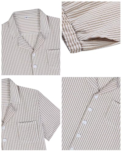 Image of Boys Summer Textured Outfit Beach Short Sleeve Button Down Shirts and Shorts 2 Piece Vacation Clothing Set for Kids