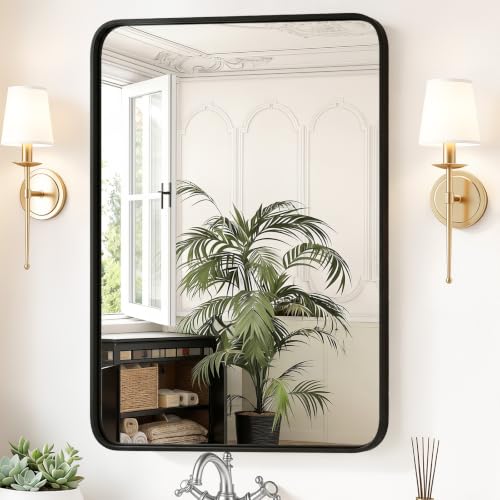 Sweetcrispy Bathroom Wall Mirror, 40x30 Inch Wall Mount Mirror for Over Sink, Modern Rounded Rectangle Vanity Mirrors with Matte Metal Framed, for Home Decor, Living Room, Bedroom, Black