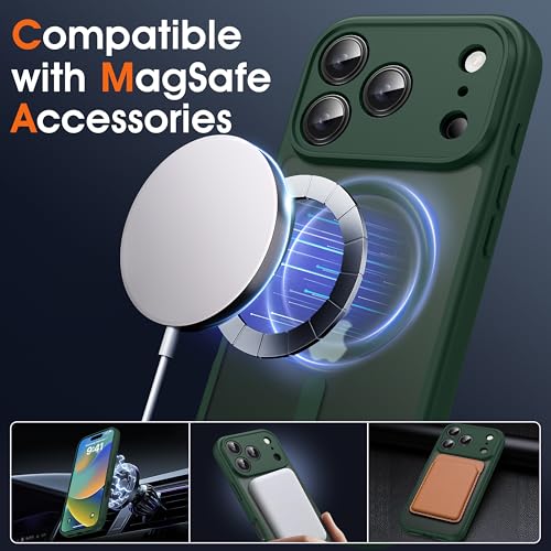 Image of Oterkin Magnetic for iPhone 17 Pro Max Case Matte, Full Camera Protection Compatible with MagSafe Frosted Translucent Shockproof Anti-Scratch Slim Fit Case Military Grade Protection (Dark Green)