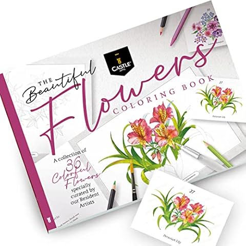 Castle Arts Flowers Colouring Book | 36 Mindfulness-Inspiring Blooms Curated by in-House Artists with Colour Reference Guide | No Show-Thru Artist Grade Paper | Frameable Landscape A4 Size Cover