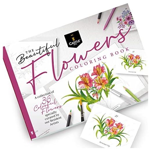 Castle Arts libro para colorear flores | 36 flores para fomentar la atención seleccionadas por artistas, con guía de colores | Papel grueso de calidad artística | A4 apaisado para enmarcar