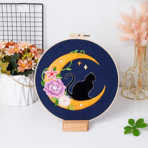 Image of Louise Maelys Cat Moon Embroidery Kit for Beginners Floral DIY Craft Set | Cross Stitch Kits with Cat Moon Floral Design, Includes Hoop, Threads, Needles and Guide. Needlepoint Kit for Adults DIY