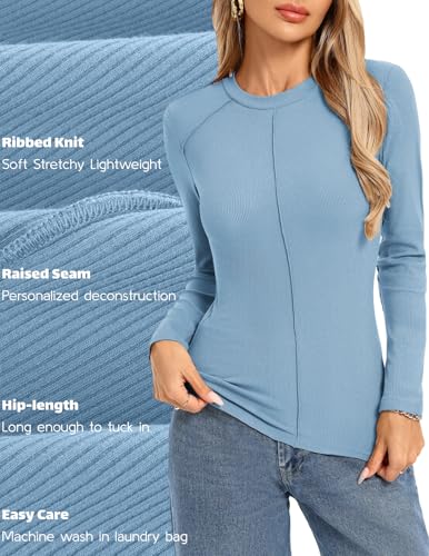 Image of Kate Kasin Fall Women Fitted Long Sleeve Shirt, Ribbed Knit Crewneck Top