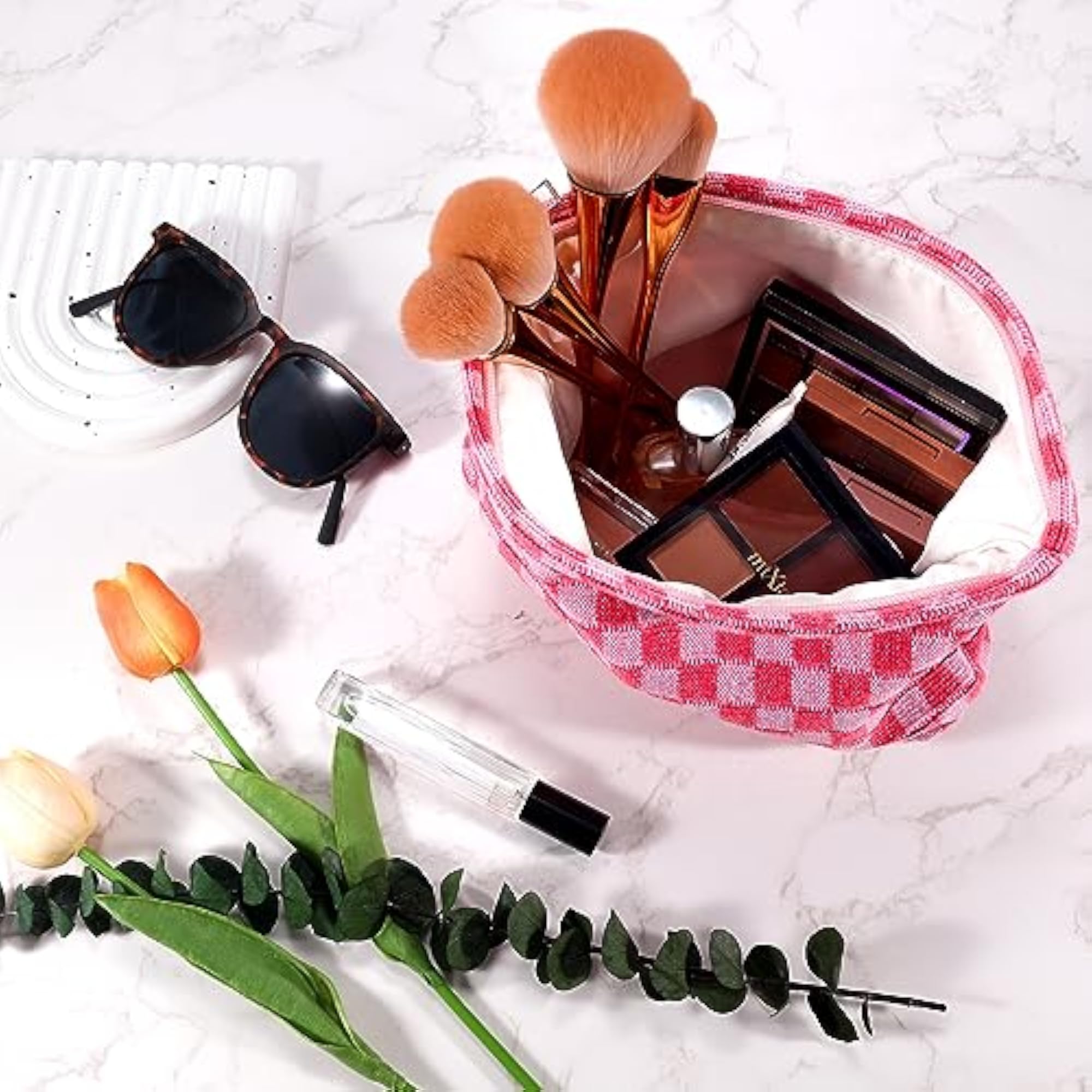 Checkered Makeup Bag for Women, Large Cosmetic Bag Set
