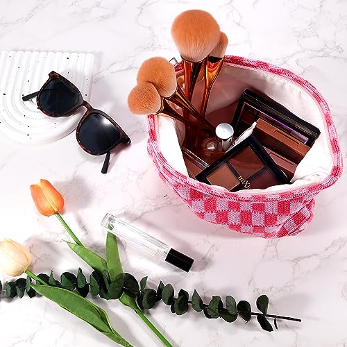 ZLFSRQ 2Pcs Makeup Bag Checkered Cosmetic Bag Set Travel Toiletry Bags for Purse Large Small Makeup Pouch for Women Cute Preppy Pencil Pouch Case Pink Zipper Skincare Bags - Image 3