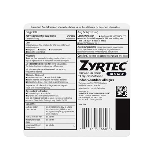 Zyrtec 1686990 24 Hour Allergy Relief Tablets, Indoor & Outdoor Allergy Medicine With 10 Mg Cetirizine Hcl Per Antihistamine Tablet, Relief Of Allergies thumb #8