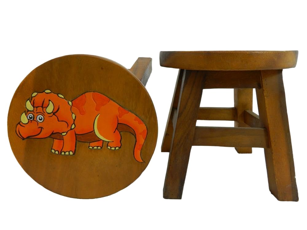 Children's Wooden Stool, Orange Triceratops Design - Handmade Acacia Wood - Small Chair, Footstool or Side Table - Nursery & Bedroom Decor - Fun Step Stool for Kids - Ideal Christmas & Birthday Gift