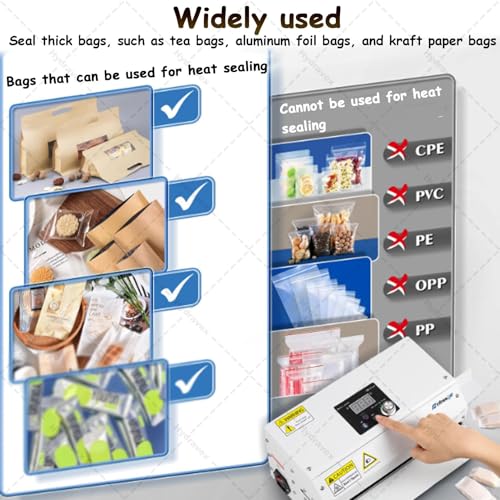 Sellador automático de bolsas con rueda de impresión, sellado térmico continuo de 6 m/min para bolsas comerciales de plástico, papel de aluminio y papel kraft