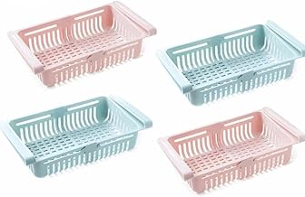 Fridge Organizer Drawer | Adjustable Refrigerator Storage Basket Set with Expandable Sliding Drawer for Fruits, Vegetables, Snacks & Kitchen Organization Easy to Use - 4 Pieces