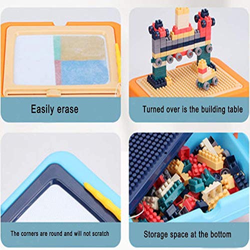 BETTINA 2 in 1 Block Activity Table & Magnetic Drawing Boards with 102 Pcs Blocks, Building Toys & Doodle Board for Kids (Blue)