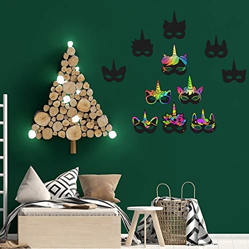 BIGKASI 24Pcs Einhorn Kratzbilder Bastelset DIY Masken Kratzpapier Unicorn Scratch Basteln mit Holzstiften und Gummiband Kreatives Bastelset für Mädchen Jungen Geschenk Kinder Geburtstag Party, Schwarz – Bild 6