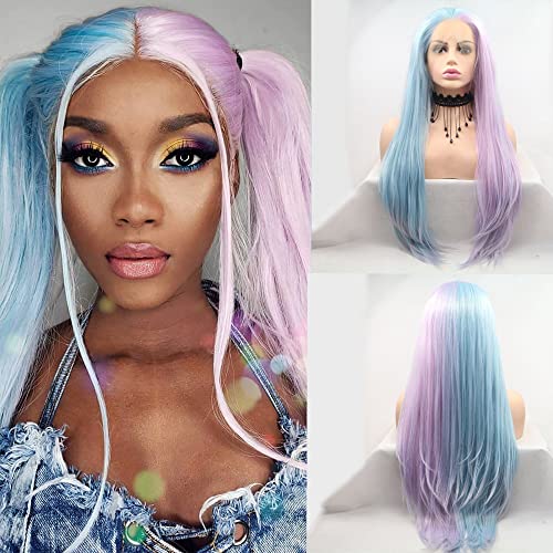 Xiweiya Straight Mermaid Piano Color Purple Pink To Blue 2 Tone Synthetic Lace Frontal Wig Half Blue Half Pink Purple Add Hand Crochet Lace Wig for Women Drag Queen Halloween Cosplay - Image 3