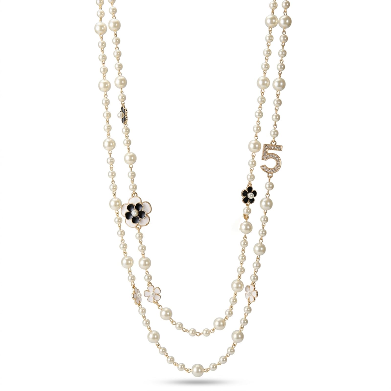 Collana lunga con numero 5 di fiori di perle finte a doppio strato con gingillo fantasia – acquista a prezzi convenienti sul marketplace