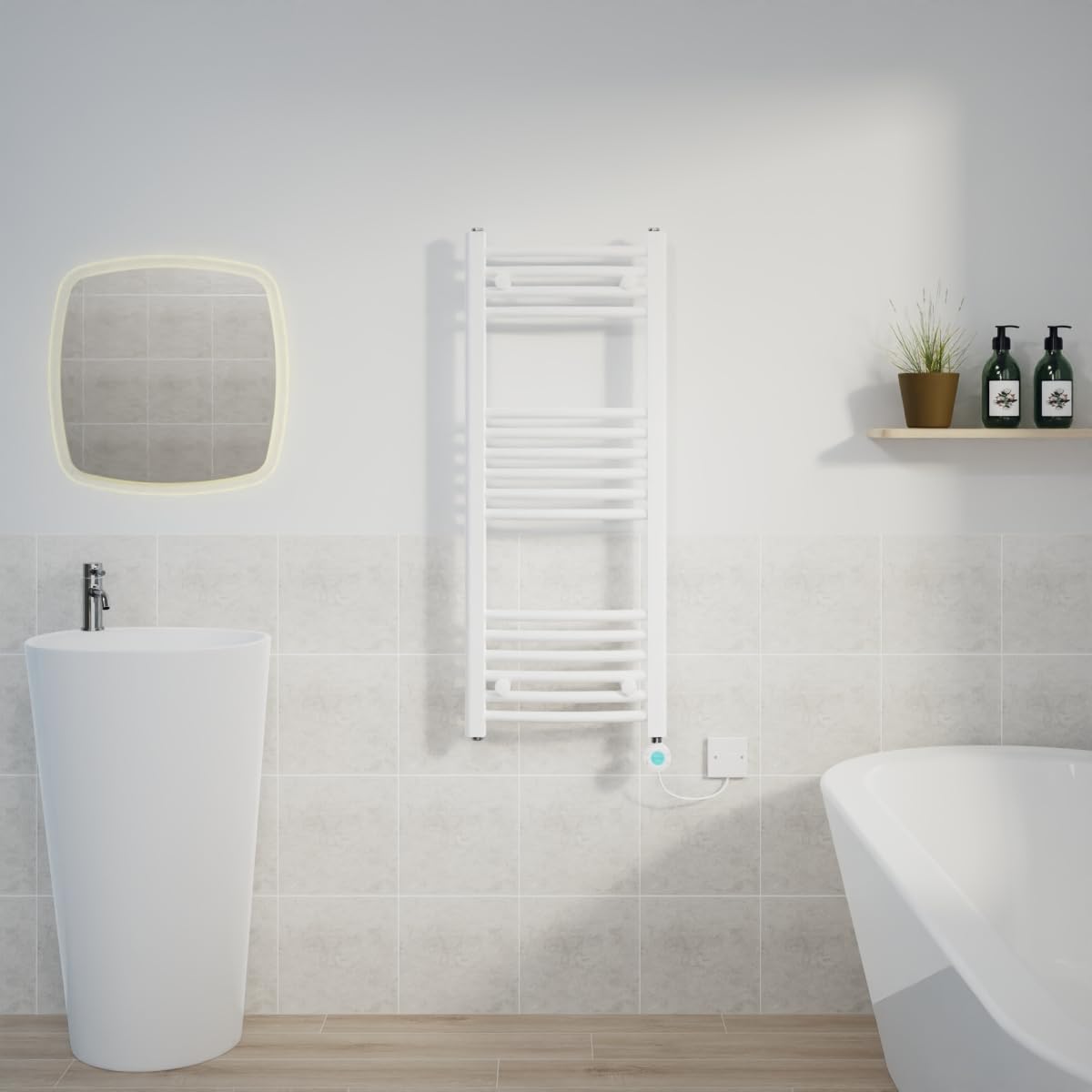 Warmehaus Electric Heated Towel Rail Curved White Thermostatic Bathroom Towel Radiator with Timer - 1000x400mm 400W