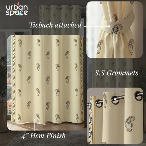 Image of Urban Space 100% Blackout Window Curtains 5 Feet Long Set of 2 | Printed Blackout Curtain | Thermal Insulated Curtains for Living Room, Bedroom Decor, Tieback Included (Jaipur Paisley Teal, 5 Feet)