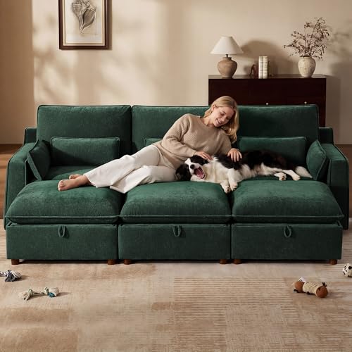 Image of WorthFurni Modern Modular Sectional Sofa,103 inch Sleeper Sofa Bed Minimalist Couch with Storage Ottoman,Comfty 6 Seat Sofa for Living Room,Green Chenille
