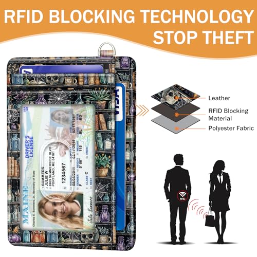 Goth Bookshelf Credit Card Holder RFID Wallet Women, Slim Wallet Front Pocket Small Card Holder, Funny Skull Gothic Case Organizer with ID Window PU Leather Witchy Gifts for Woman Girls