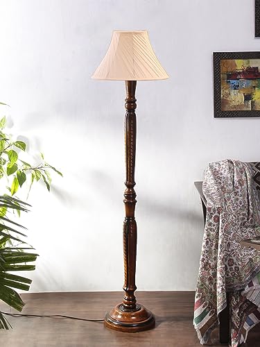 Image of Devansh Cross Pleated Off-White Cotton Wooden Floor Lamp -32