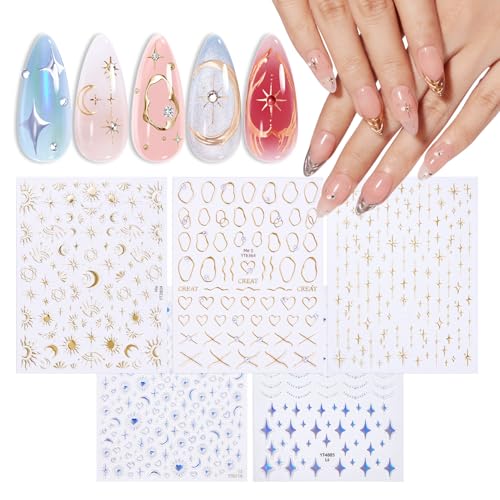 Image of modelones Nail Stickers 3D Self-Adhesive Nail Decals Gold Line Star, Laser Heart & Star Sparkle, Moon Nail Art Holiday Spring DIY Nail Stickers for Women & Kids 5Pcs