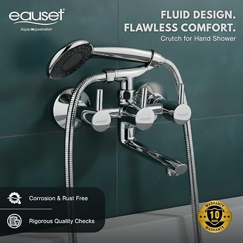 Image of Eauset Plus Brass Bath Mixer with Crutch | Wall Mounted Hot & Cold Bath Shower Mixer Tap | Leak Resistant Bathroom Faucet | Adjustable Hot Limit | Polished Finish