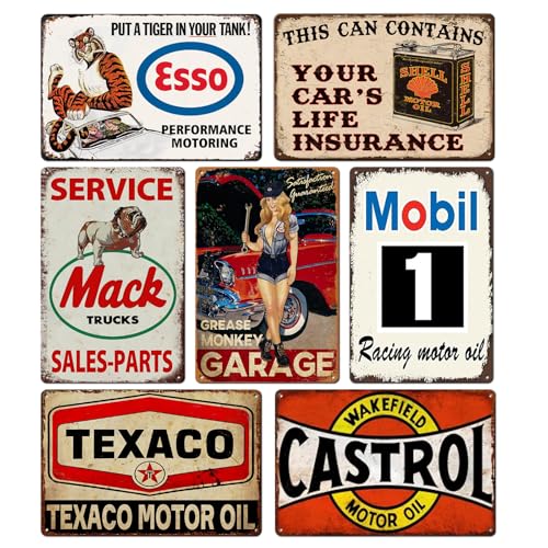 WIYETY Lot de 7 plaques en tôle rétro : 20 x 30 cm - Plaque murale rétro en métal - Style vintage - Décoratives pour atelier, mur de maison, décoration...