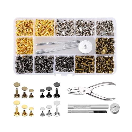 YFFSFDC レザークラフト カシメセット 3サイズ 4種色リベット スタッズ 底鋲 打ち具セット 丸形6mm 8mm 12mm 穴あけ 打ち具 打ち台 パーツ DIY 手作り ベルト 布革細工 靴 ジーンズカバン 収納ケース付き (180組)の商品画像（Amazon）