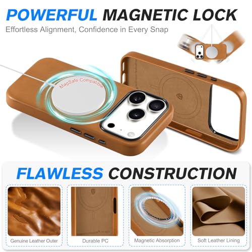 Image of SHIELDON Genuine Leather Case for iPhone 17 Pro Max 6.9 inch, Retro Light Brown | for MagSafe, Magnetic Wireless Charging, Camera Button, Metal Buttons, Camera Bezel, Non-Slip, Shockproof, Anti-Scratch, Slim