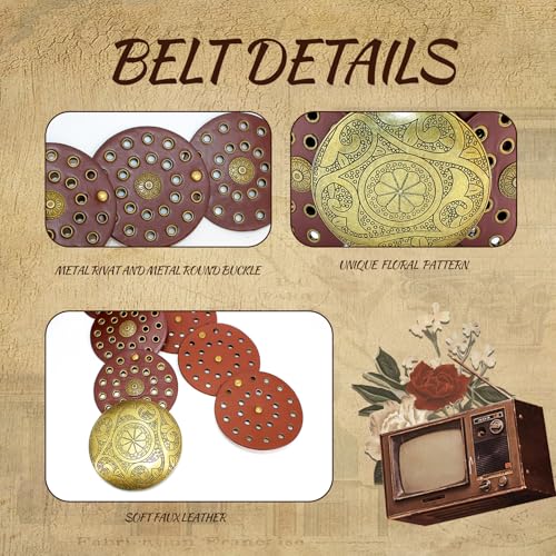 Western Wide Disc Belt for Women: Brown Leather Hollow Out Round Chunky Concho, Boho Waist Belt for Dresses & Cowgirl3