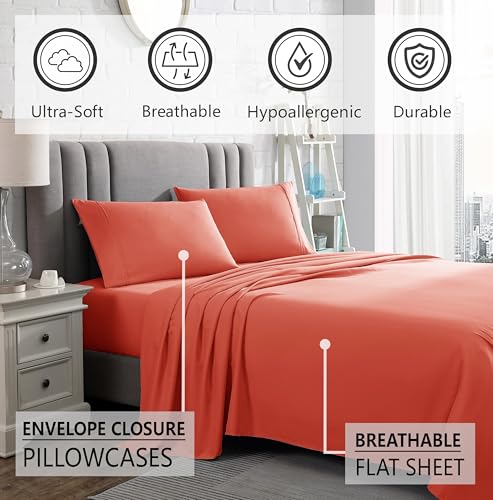 American Home Collection Queen Size Sheet Set - 16-Inch Deep Pocket - Ultra Soft Microfiber Bed Sheets - Breathable, Wrinkle and Fade Resistant, Easy Care - 4 Piece Set (Queen, Peach)