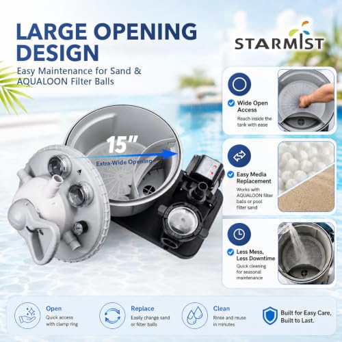 Image of STARMIST Sand Filter Pump for Above Ground Pool, 15 inch Large Opening Filter Tank with AQUALOON Filter Balls, Pool Pump and Filter Combo, Timer, Prefilter Basket, 7-Way Valve, Up to 12,000 Gallons