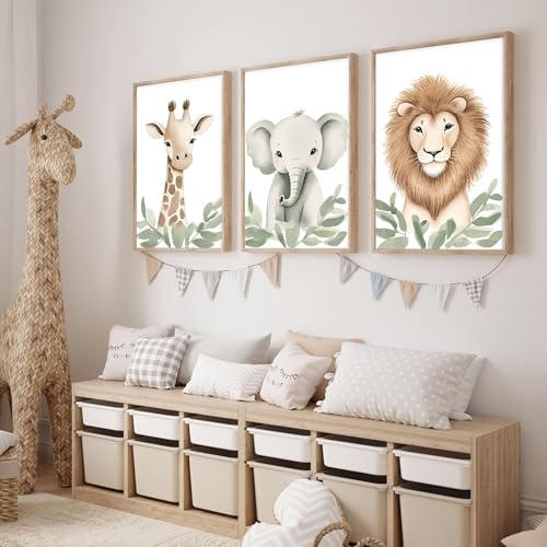 Image of Baby Animal Nursery Wall Art Baby Safari Canvas Prints Jungle Animal Picture Cute Giraffe Elephant Lion Print Nursery Canvas Wall Art Giraffe Jungle Poster for Living Room Bedroom 12x16inchx3 No Frame