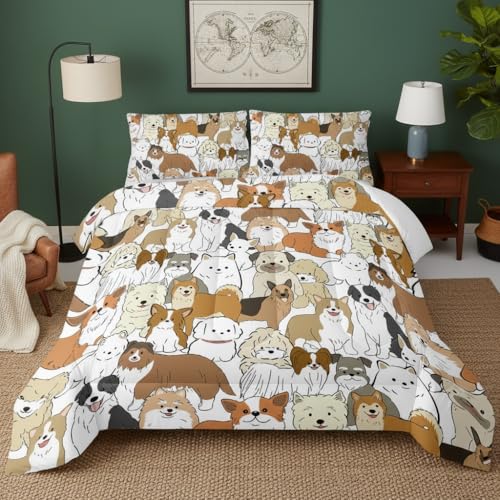 Image of QOOMO Cute Dog Bedding Set, Cartoon Animals Comforter Set Twin Size, Suitability Girs and Boys Black Decorate a Room 1 Comforter Set 2 Pillowcases