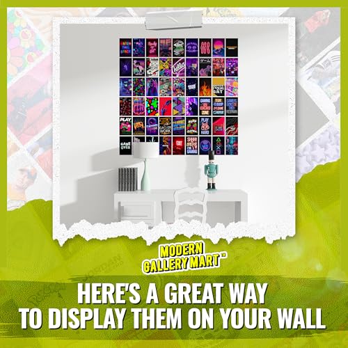 Image of MODERN GALLERY MART Pack of 54 Gaming Wall Collage Kit Posters - 4 x 6 Inches Posters for Wall Decoration - Wall Art For Bedroom, Office, Living room, Dorm room - Glue Dots Included