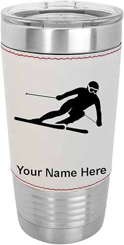 Miniatura 9 de LaserGram Vaso aislado al vacío de 20 onzas Skier Downhill grabado personalizado incluido piel sintética gris