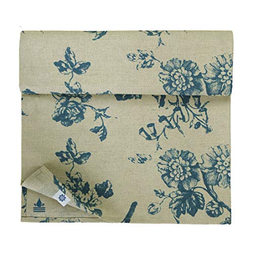 Linen & Cotton Camino de Mesa en Textil Recubierto Fiore - 59% Lino, 41% Algodón, Beige Natural Azul (34 x 70 cm) Impermeable Antideslizante Corto Pequeño Vintage Decoración de Mesa para Casa Cocina