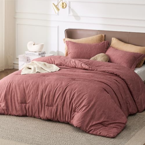 Image of Bedsure Full Comforter Set - Pink Clay Soft Bedding for All Seasons, Cationic Dyed Bed Set, 3 Pieces, 1 Full Size Comforter (82 inchx86 inch) and 2 Pillow Shams (20 inchx26 inch+2 inch)