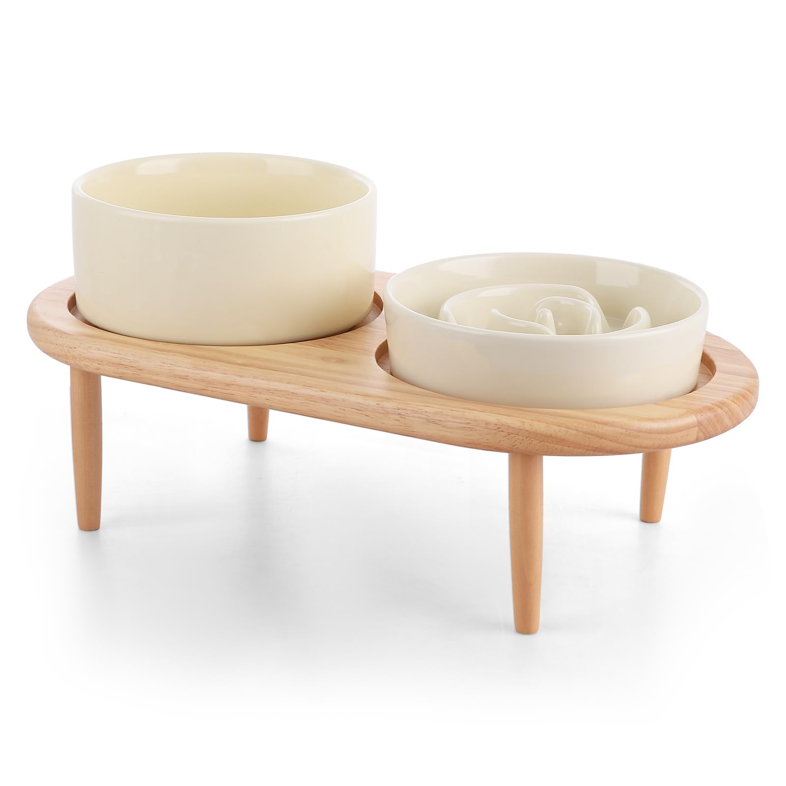 WOPPLXY Raised Dog Bowl with Stand Set, Elevated Slow Feeder Dog Bowls and Ceramic Water Bowl, Raised Cat Bowls Set with Wooden Stand for Small Dogs and Cats, 850ml