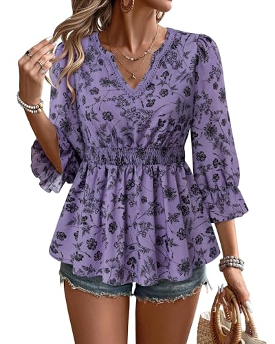 Unixseque 3/4 Length Sleeve Womens Tops Dressy Casual Lace V-Neck Peplum Babydoll Blouses 2025 Fashion Clothing