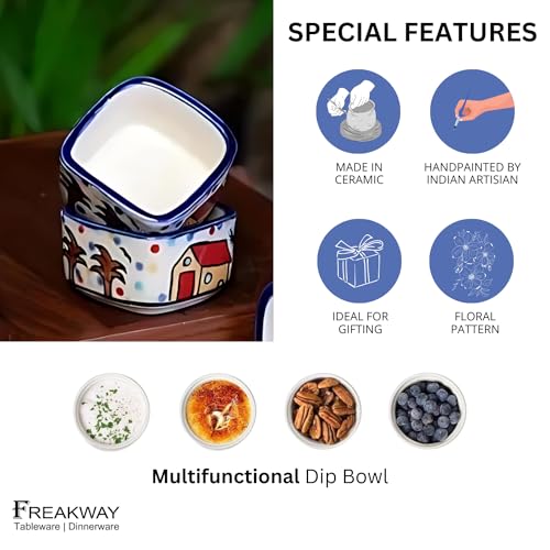 Image of Freakway Hand Painted White Ceramic Dip Bowls Set of 2, 40Ml for Serving Chutney /Pickle (HUT Multi)
