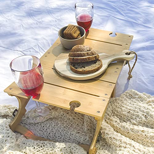 2 In 1 Foldable Bamboo Picnic Table With Glass Holder And Portable Storage Basket For Outdoor - Unassembled Natural #TOP6