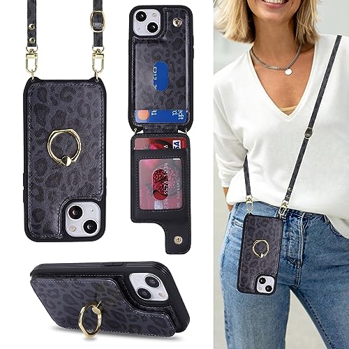 Image of for iPhone 13 Mini Case with Card Holder and Strap for Women,Crossbody Lanyard,Kickstand Ring Stand,Snap Clasp,RFID Blocking,Cute Phone Wallet Cases 5.4 inch(Black Leopard)
