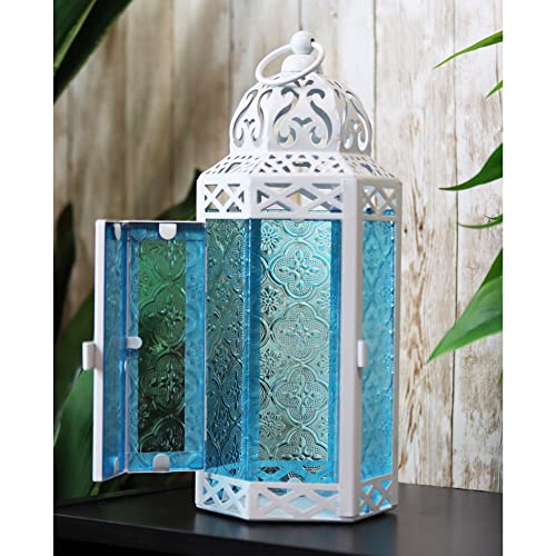 Vela Lanterns White Moroccan Lamp Lantern Decorative Candle Holder For Indoor Outdoor Weddings, Home Decor, Blue Glass, Medium #TOP1
